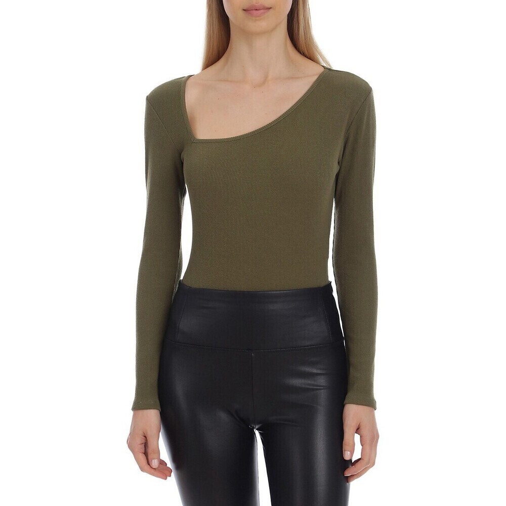 Avec Les Filles Slim Fit Asymmetric Neck Rib-Knit Bodysuit Green Size S $92 NWT